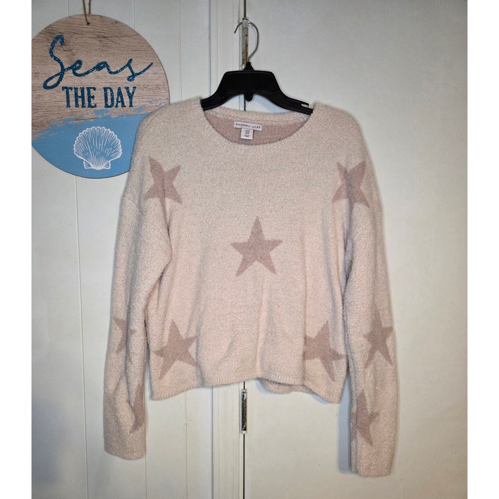 Sincerely Jules Star Print Fuzzy Knit Sweater Cream Beige Celestial Pullover M